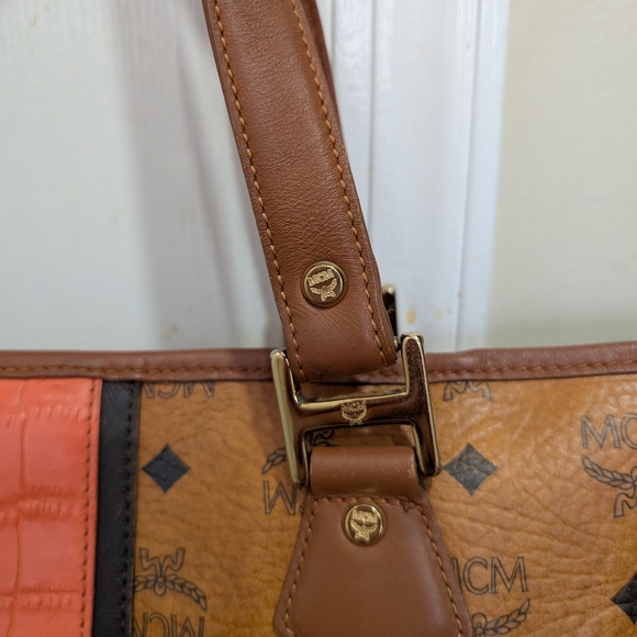 MCM Cognac Logo-Print Limited Ed Tote with Coral Stripe - Picture 3 of 8